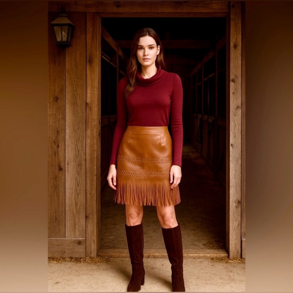 Brown Fringe Leather Skirt
